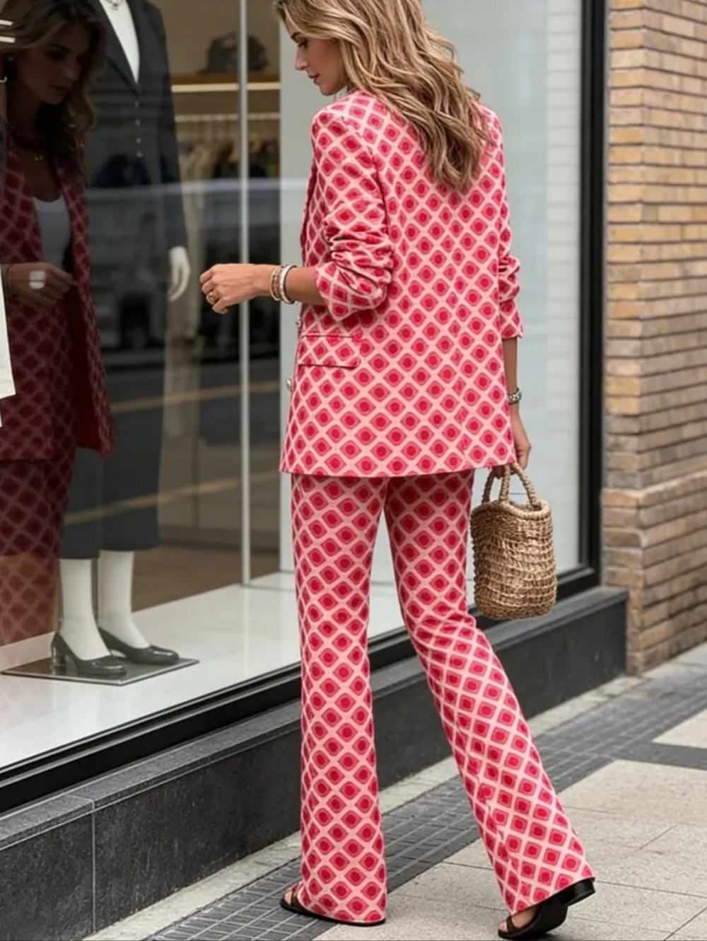 Womens Red Patterned Two-Piece Blazer & Wide-Leg Pants Set - Picture 4 of 6